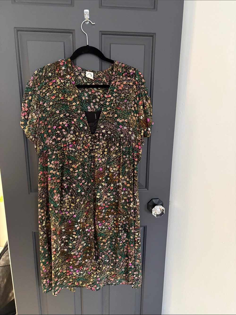Anthropologie Green Floral Short-Sleeve Dress with Pink and Cream Accents